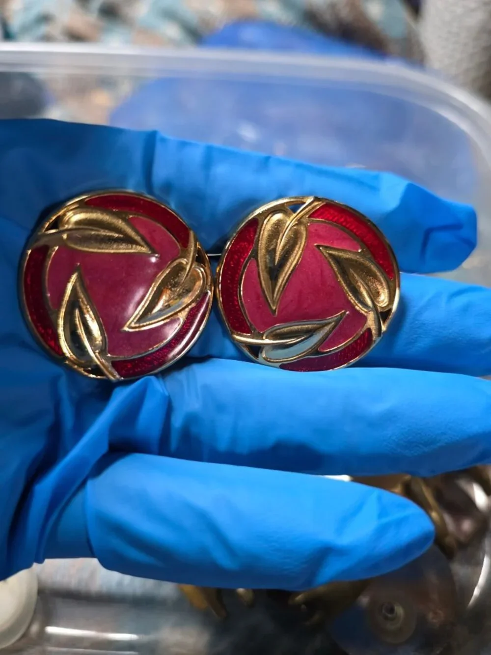 Vintage Berebi Gold-Tone Red Enamel Round Leaf Design Post Earrings